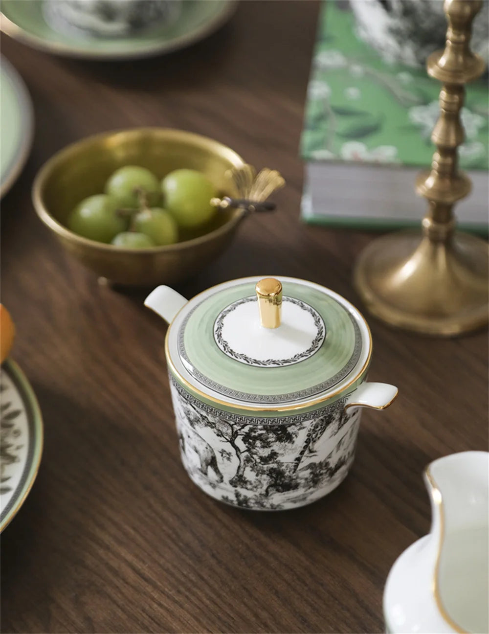 Woodland Toile Bone China 5‑Piece Tea Set for Two – Essential Teapot & Cup Set