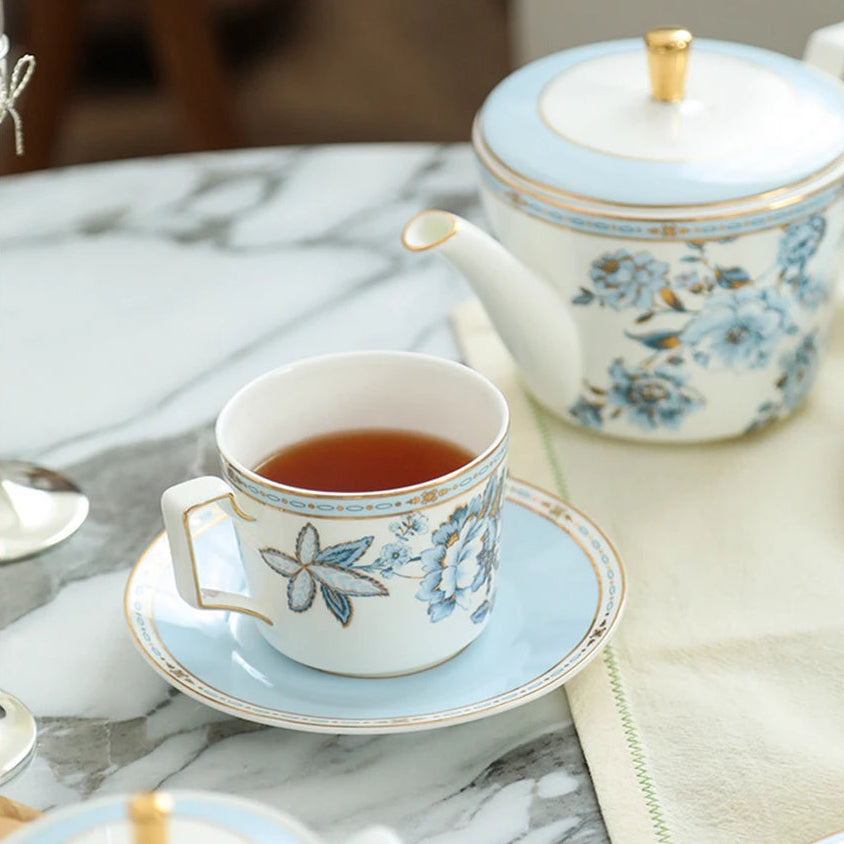 Moonlit Florals Bone China 5‑Piece Tea Set for Two – Essential Teapot & Cup Set