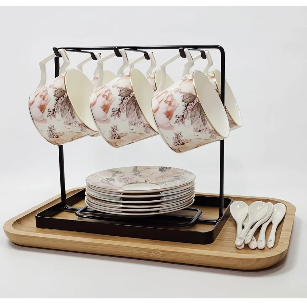 Blush Reverie Bone China Floral 5‑Piece Tea Set for Two – Essential Teapot & Cup Set