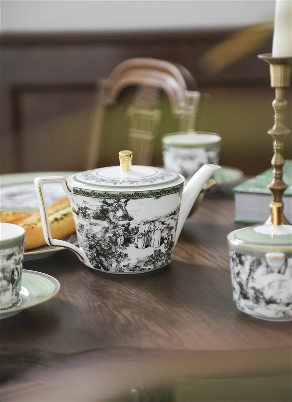 Woodland Toile Bone China 5‑Piece Tea Set for Two – Essential Teapot & Cup Set