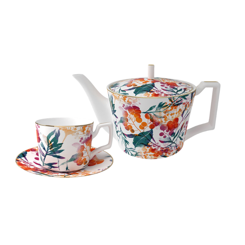 Fine Bone China Tea Set for One - Sienna Botanicals Teapot and Cup Set
