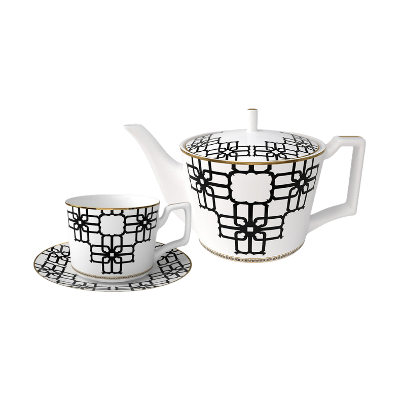 Fine Bone China Tea Set for One - Noir Lattice Teapot and Cup Set