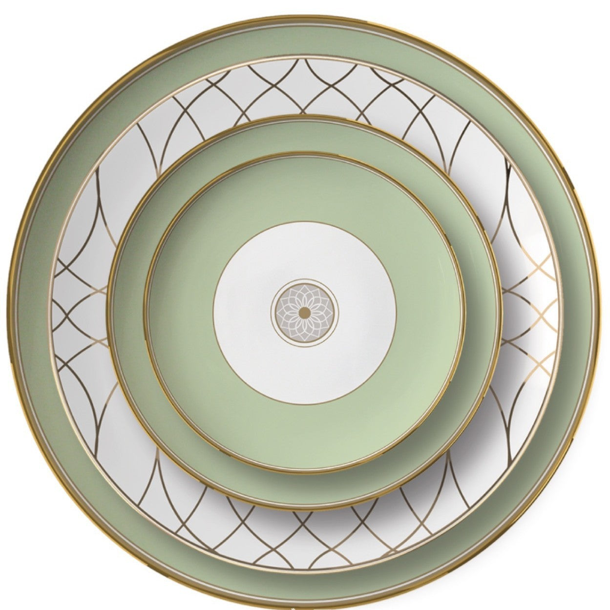 Luxe Ivory Lattice Fine Bone China Geometric Green Dinner Plate Set 4 Plates Set (6 + 8 + 10.5 + 12 inch)