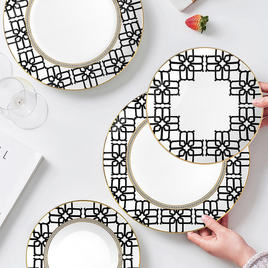 Noir Lattice Bone China 15‑Piece Geometric Black Tea Set for Two – Hosting Set