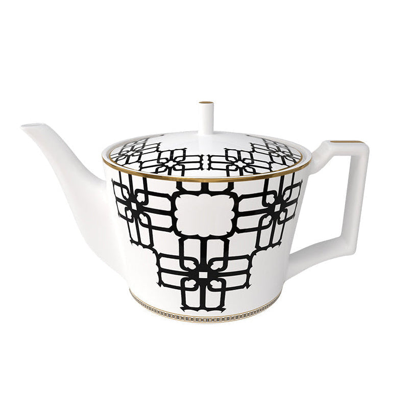 Noir Lattice Bone China 15‑Piece Geometric Black Tea Set for Two – Hosting Set