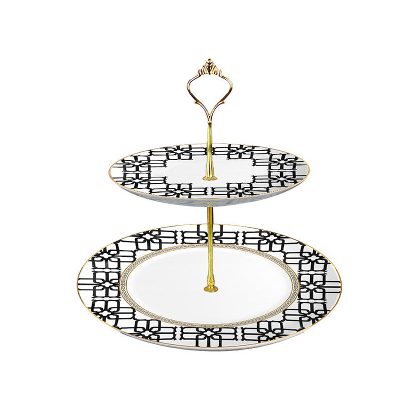Noir Lattice Fine Bone China Geometric Black Two‑Tier Dessert Stand Two-Tier Dessert Stand