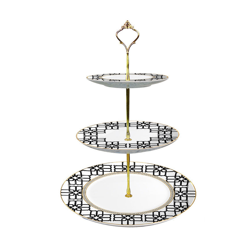 Noir Lattice Fine Bone China Geometric Black Three‑Tier Dessert Stand Three-Tier Dessert Stand