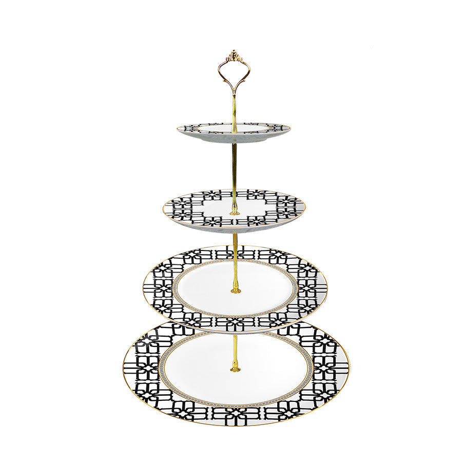Noir Lattice Fine Bone China Geometric Black Four‑Tier Dessert Stand Four-Tier Dessert Stand