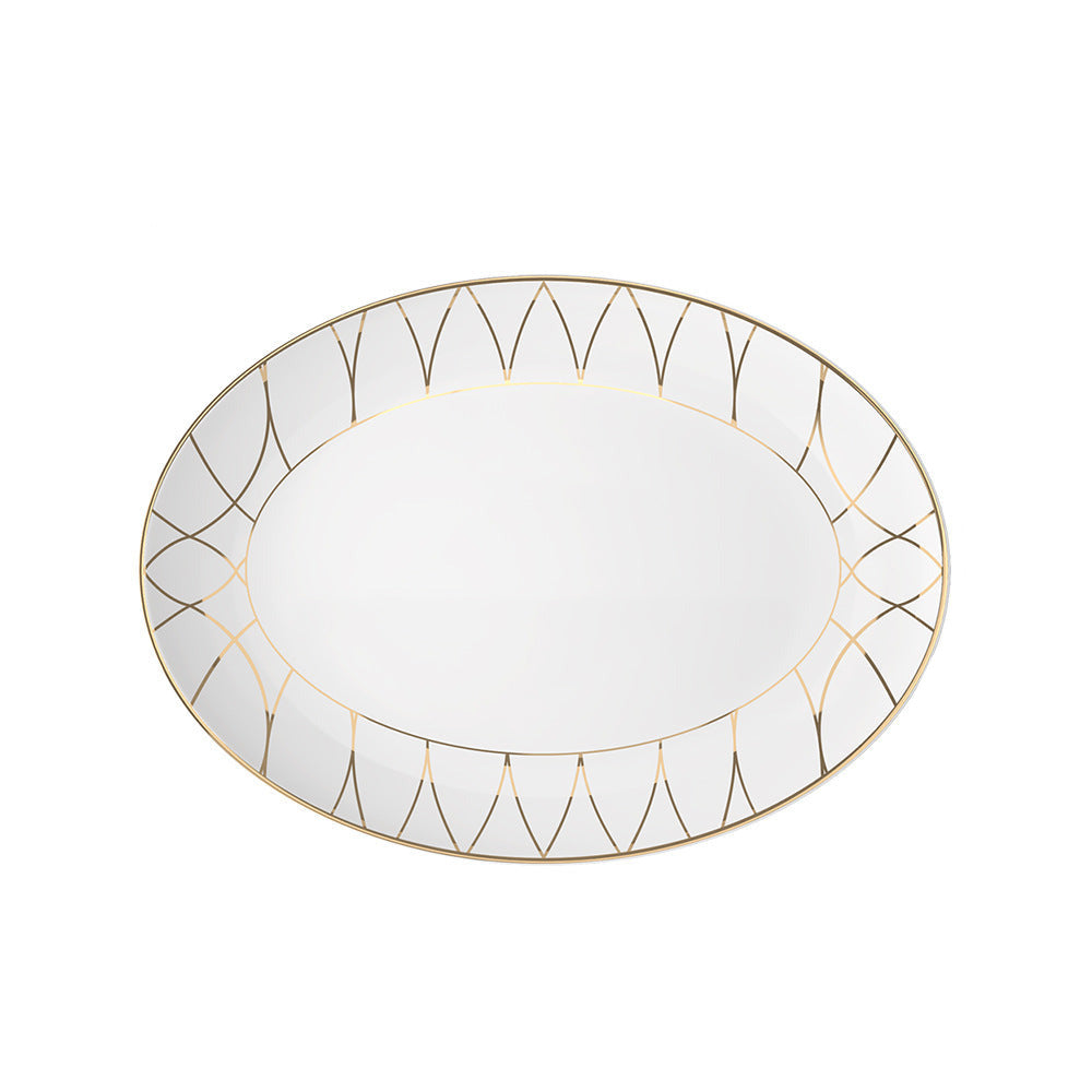 Luxe Ivory Lattice Fine Bone China Geometric 12.5-Inch Oval Plate 12.5 inch Oval Plate