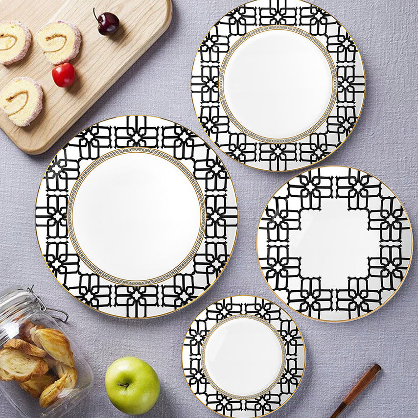 Noir Lattice Bone China 15‑Piece Geometric Black Tea Set for Two – Hosting Set