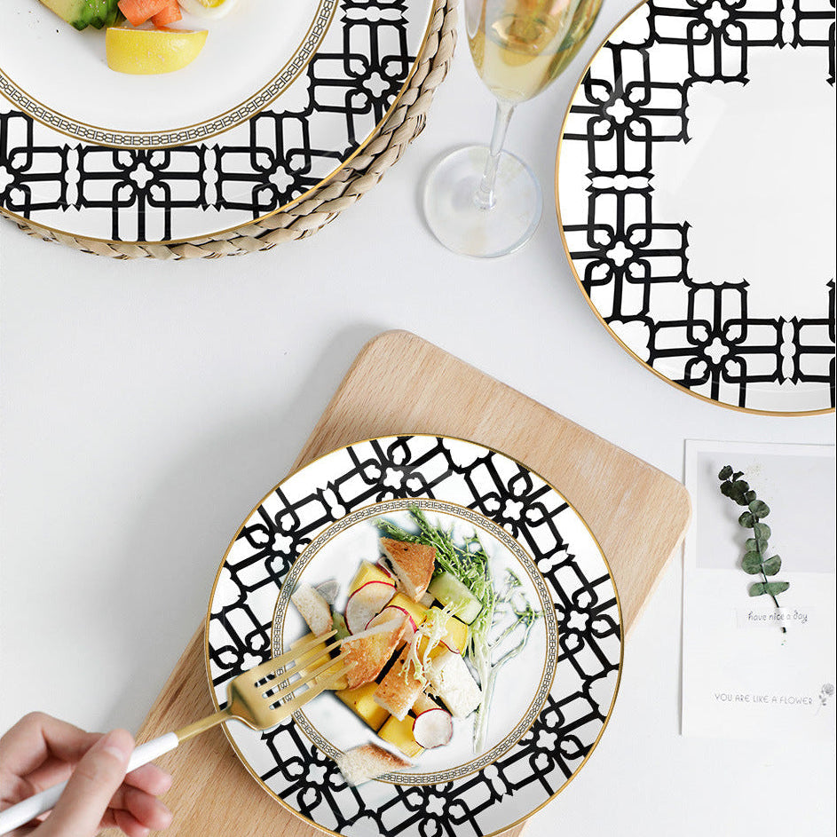 Noir Lattice Bone China 15‑Piece Geometric Black Tea Set for Two – Hosting Set