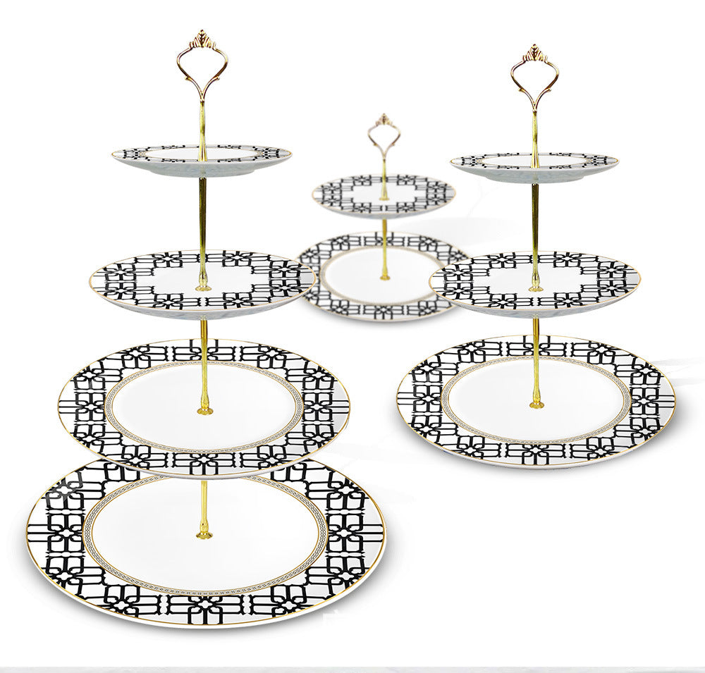 Noir Lattice Fine Bone China Geometric Black Three‑Tier Dessert Stand