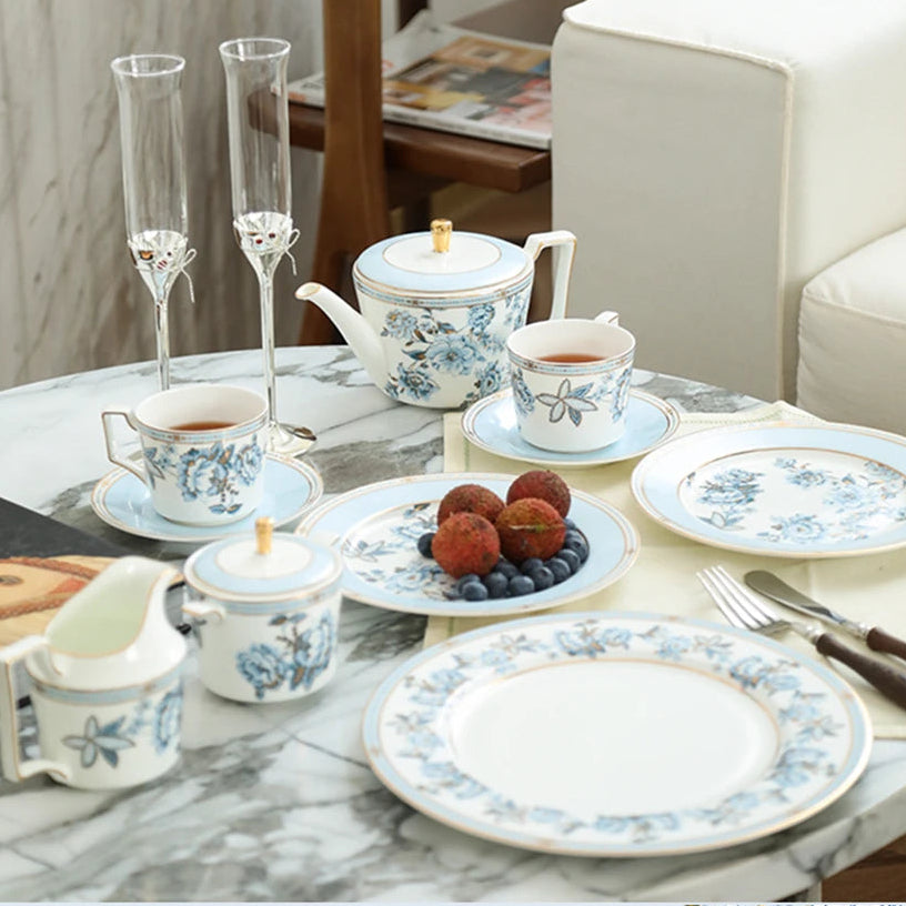 Moonlit Florals Bone China 5‑Piece Tea Set for Two – Essential Teapot & Cup Set