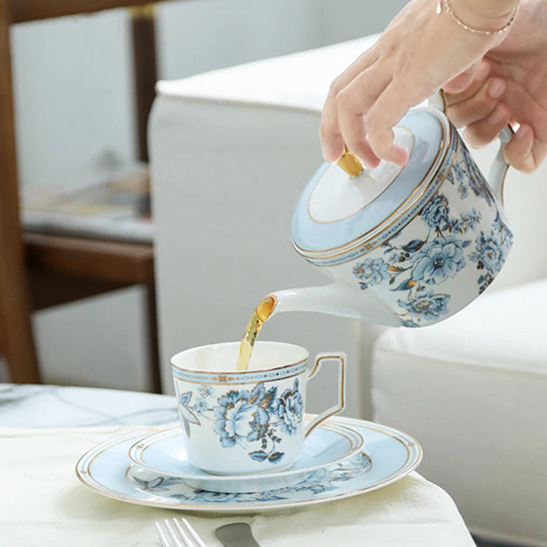Moonlit Florals Bone China 5‑Piece Tea Set for Two – Essential Teapot & Cup Set