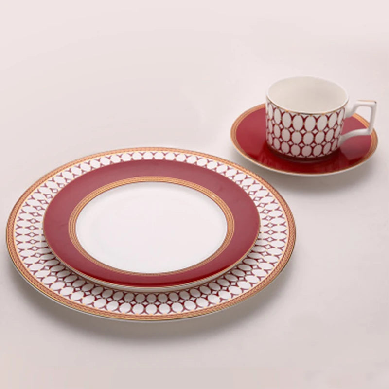 Crimson Lattice Bone China Tea Cup & Saucer Set