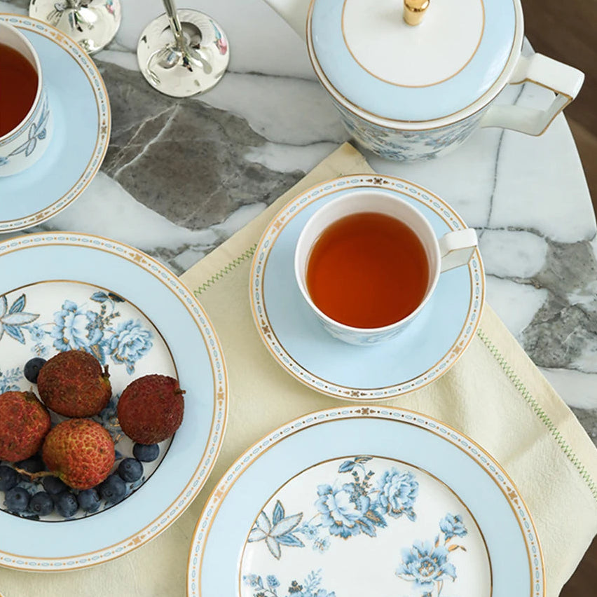 Moonlit Florals Bone China 5‑Piece Tea Set for Two – Essential Teapot & Cup Set