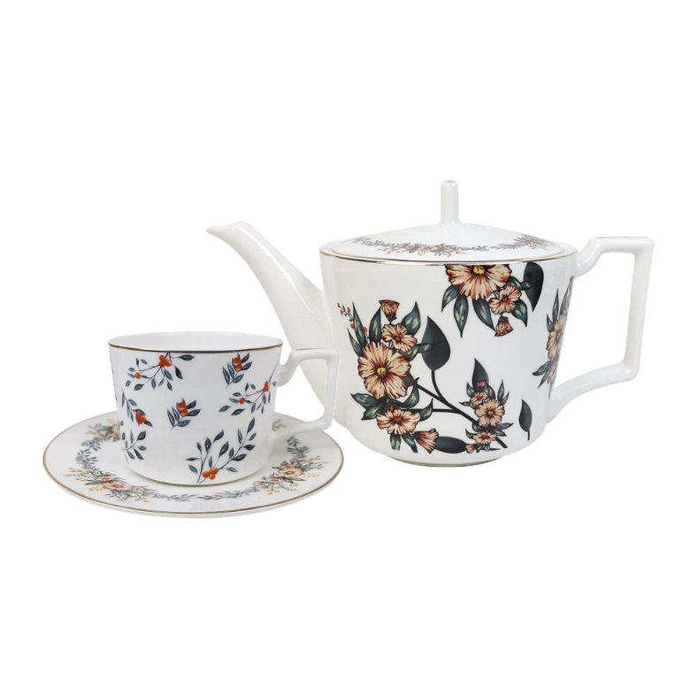 Fine Bone China Tea Set for One - Verdant Garden Teapot and Cup Set