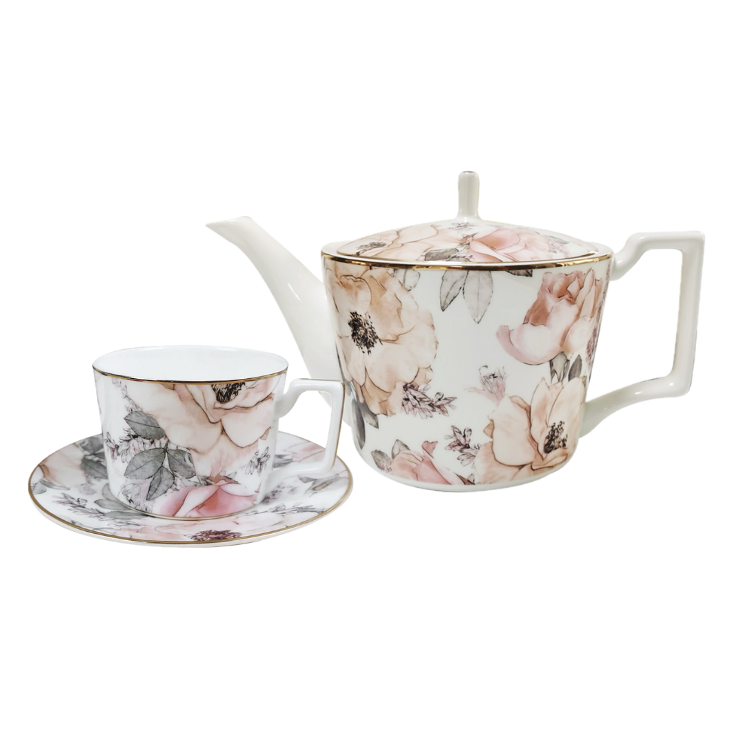 Fine Bone China Tea Set for One - Blush Reverie Teapot and Cup Set