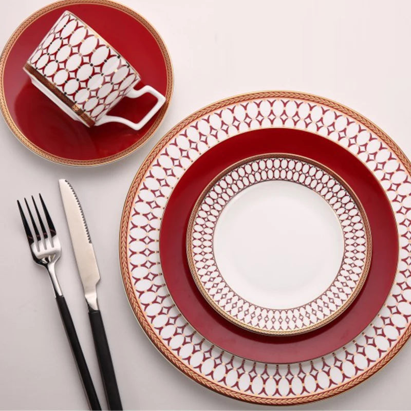 Crimson Lattice Bone China Tea Cup & Saucer Set