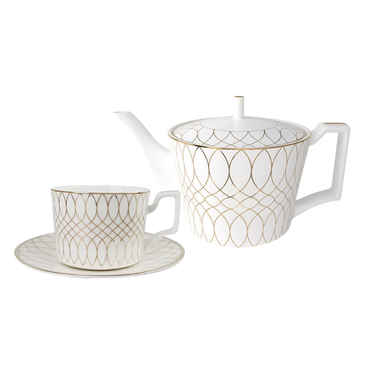 Fine Bone China Tea Set for One - Luxe Ivory Lattice Teapot and Cup Set
