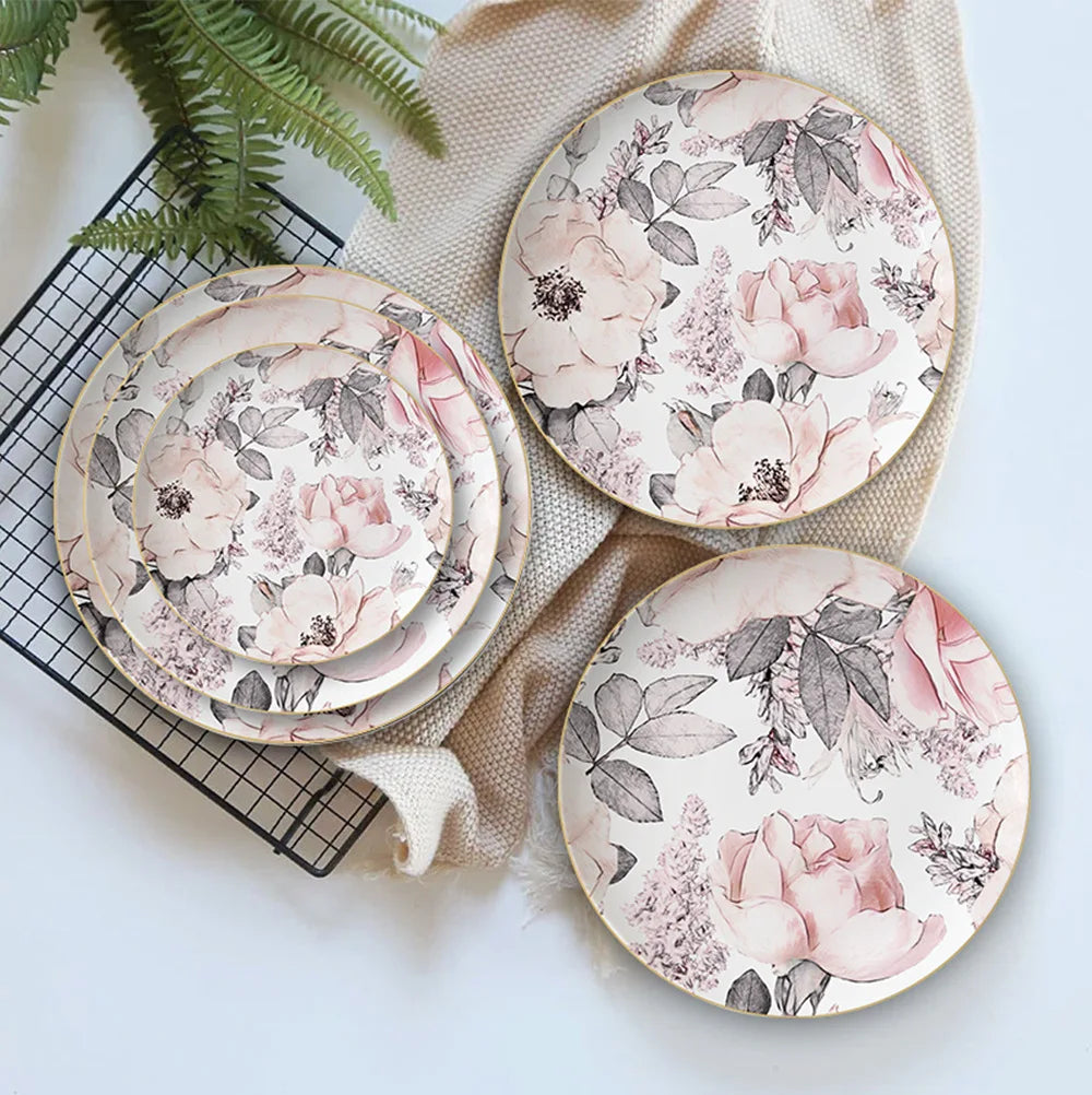 Blush Reverie Fine Bone China Floral Four‑Tier Dessert Stand
