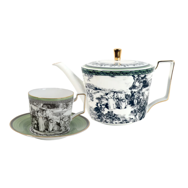 Fine Bone China Tea Set for One - Woodland Toile Teapot and Cup Set