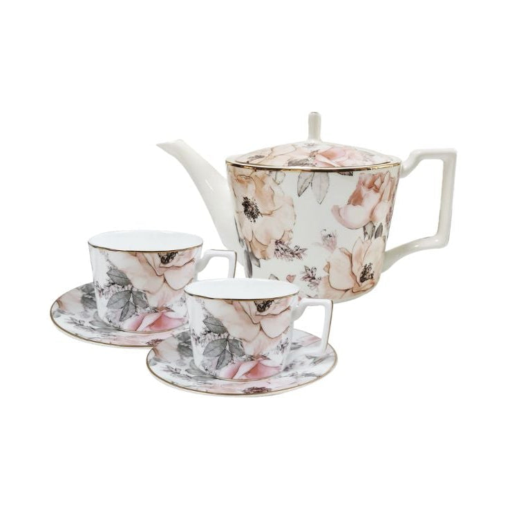 Blush Reverie Bone China Floral 5‑Piece Tea Set for Two – Essential Teapot & Cup Set Set (2 Cups & Saucers + 1 Teapot)