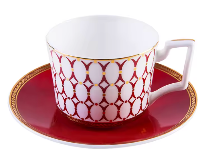 Crimson Lattice Bone China Tea Set for One – Cup Set & Plates