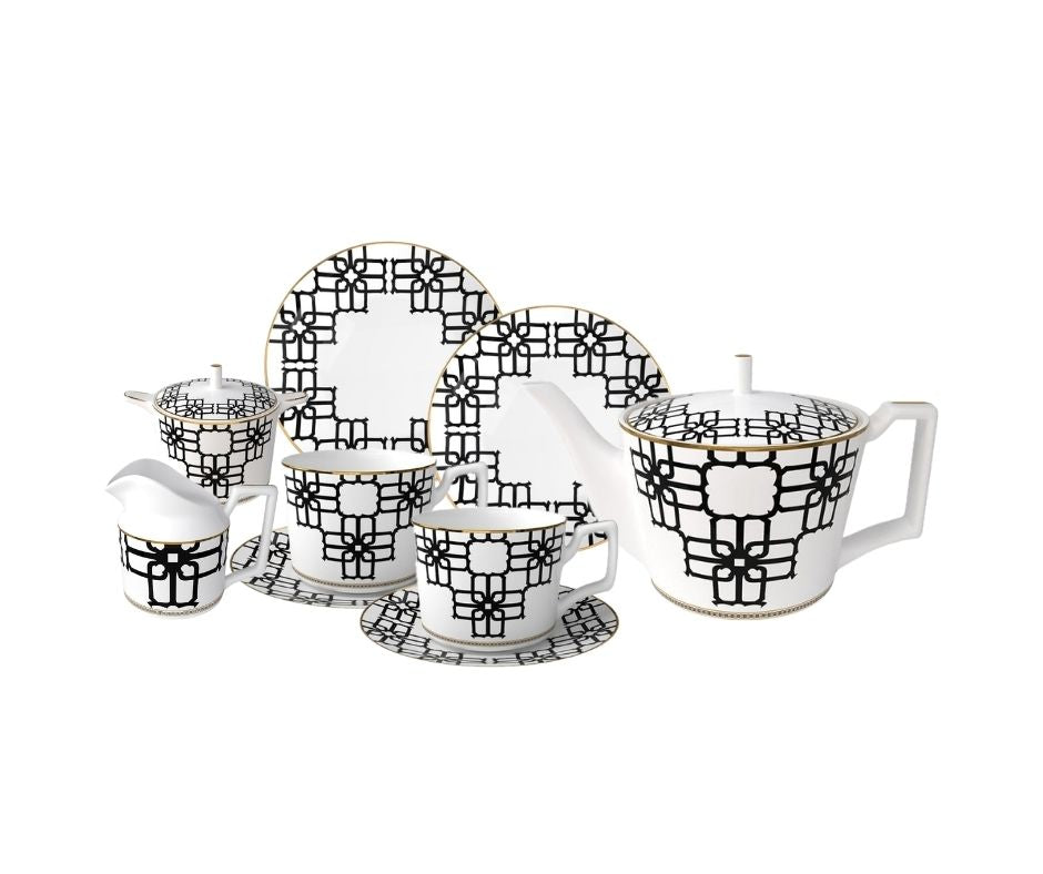 Noir Lattice Bone China 15‑Piece Geometric Black Tea Set for Two – Hosting Set Set (2 Cups & Saucers + 1 Teapot + 1 Milk Jar + 1 Sugar Bowl + 8 Plates (6 + 8 + 10.5 + 12 inch)