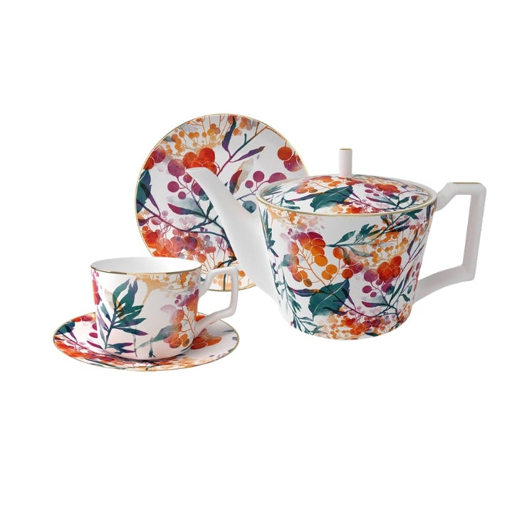 Sienna Botanicals Bone China Artistic Floral Tea Set for One – Teapot & Cup Set Set (1 Cup & Saucer + 1 Teapot + 1 Plate (6 inch)