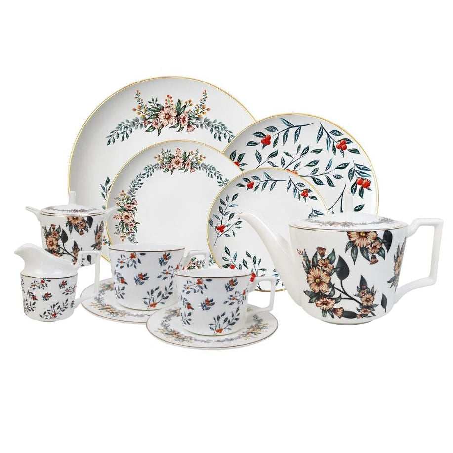 Verdant Garden Bone China 15‑Piece Tea Set for Two – Hosting Set Set (2 Cups & Saucers + 1 Teapot + 1 Milk Jar + 1 Sugar Bowl + 8 Plates (6 + 8 + 10.5 + 12 inch)