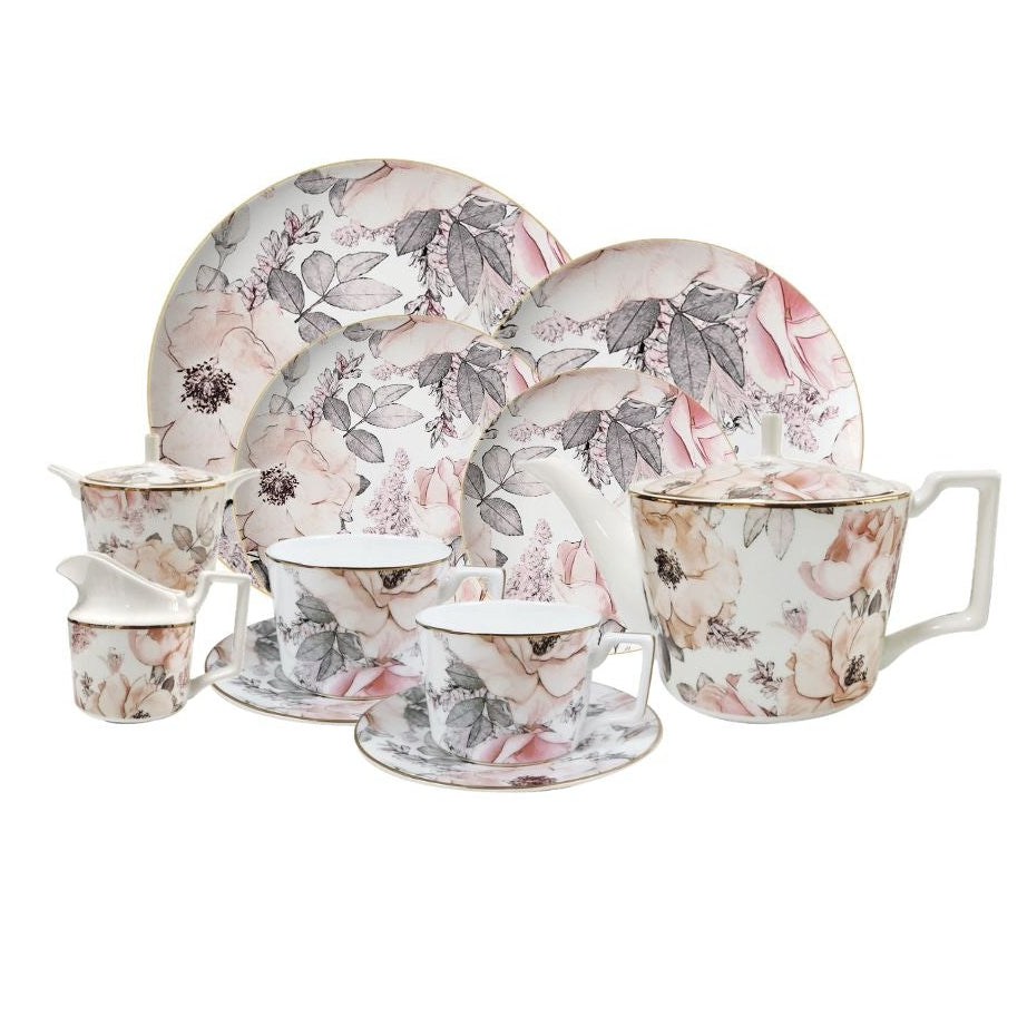 Blush Reverie Bone China Floral 15‑Piece Tea Set for Two – Hosting Set Set (2 Cups & Saucers + 1 Teapot + 1 Milk Jar + 1 Sugar Bowl + 8 Plates (6 + 8 + 10.5 + 12 inch)