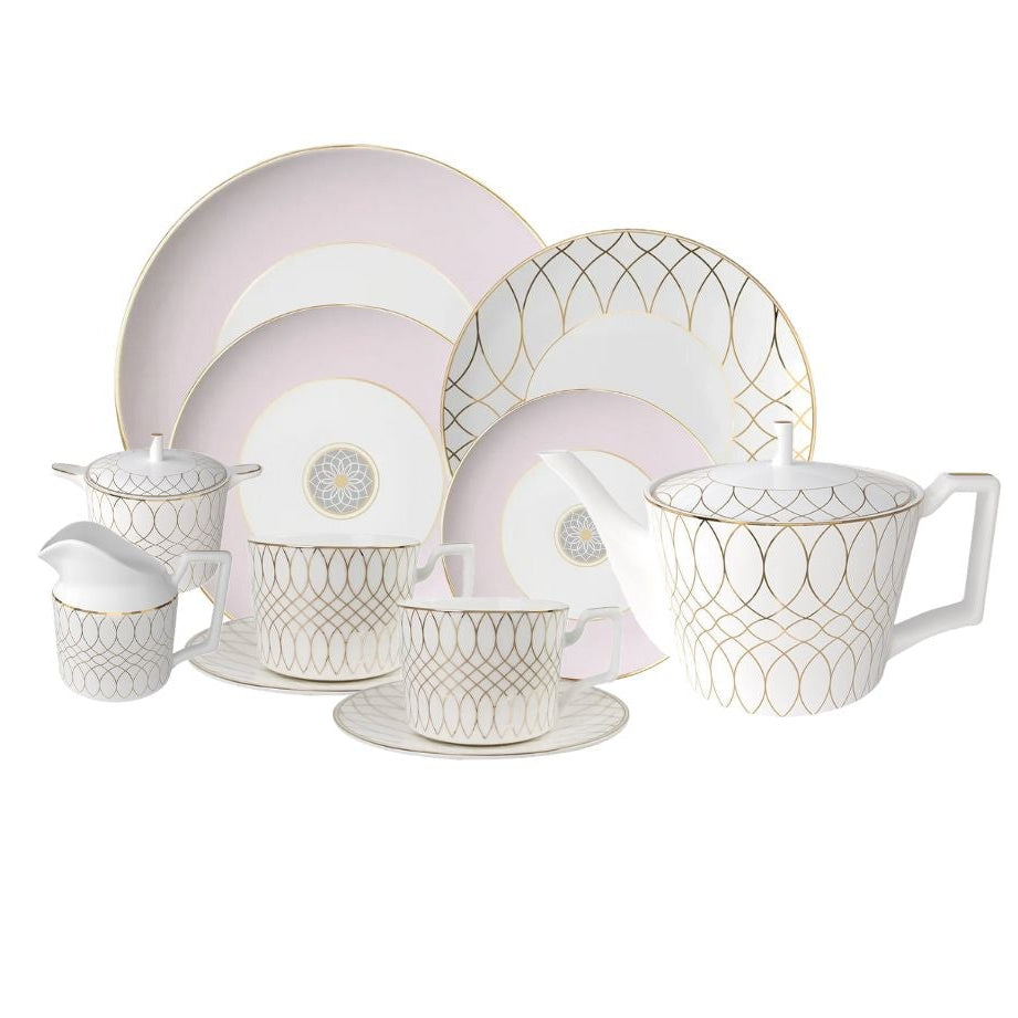 Luxe Ivory Lattice Bone China Geometric 15‑Piece Tea Set for Two – Hosting Set | Teapot & Cup Set, Milk Jug, Sugar Bowl & Plates Full Set (2 Cups & Saucers + 1 Teapot + 1 Milk Jar + 1 Sugar Bowl + 8 Plates (6 + 8 + 10.5 + 12 inch)