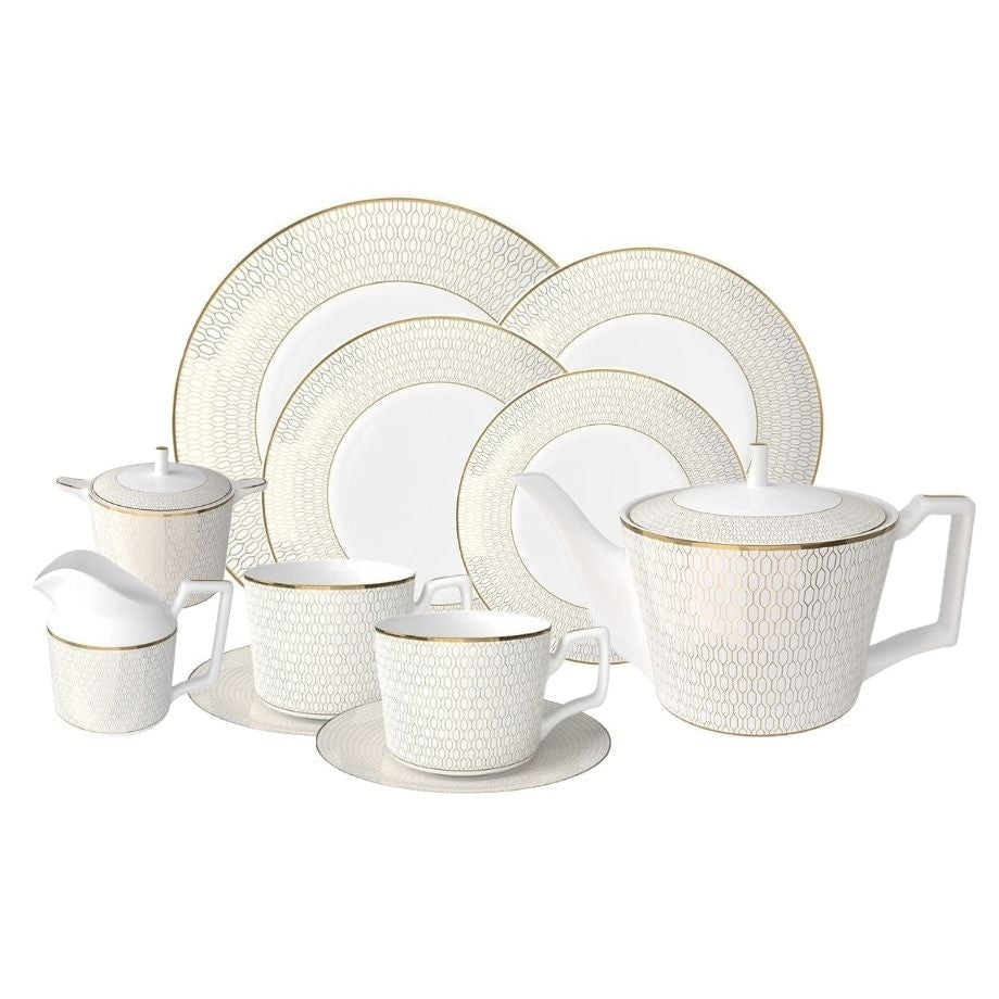 Nouvelle Or Lys Bone China 15‑Piece Tea Set for Two – Hosting Set Set (2 Cups & Saucers + 1 Teapot + 1 Milk Jar + 1 Sugar Bowl + 8 Plates (6 + 8 + 10.5 + 12 inch)