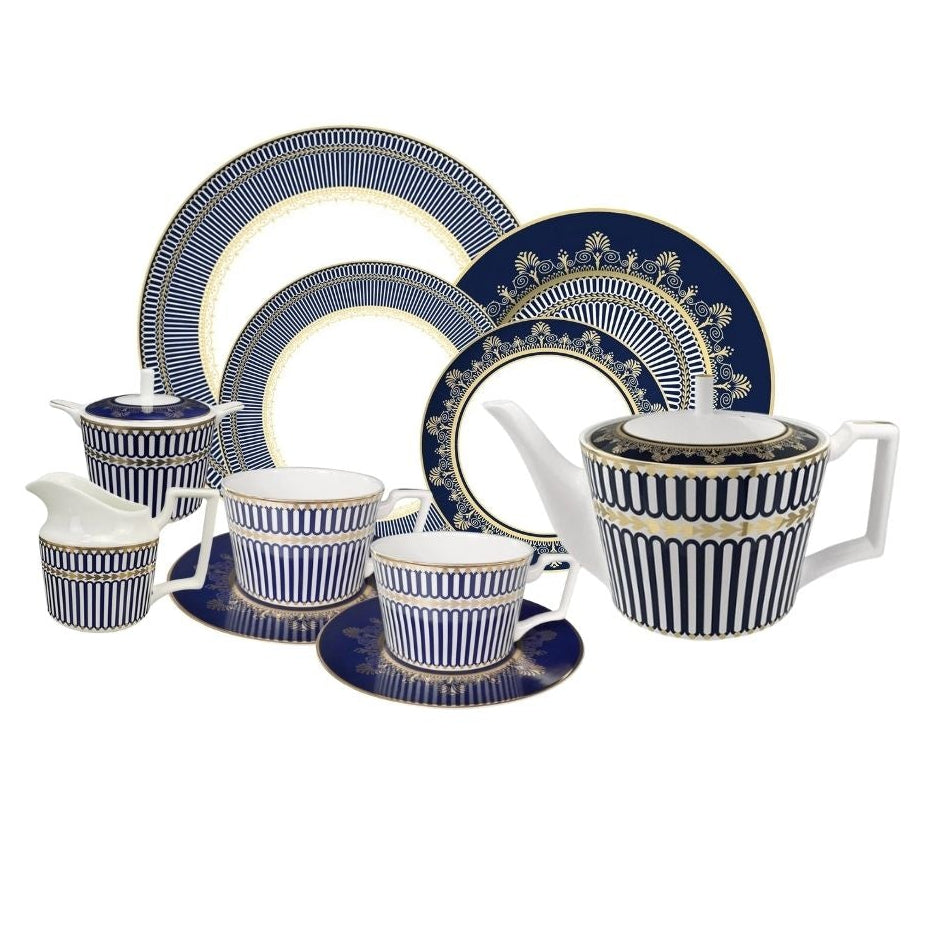 Regency Stripe Bone China 15‑Piece Tea Set for Two – Hosting Set Set (2 Cups & Saucers + 1 Teapot + 1 Milk Jar + 1 Sugar Bowl + 8 Plates (6 + 8 + 10.5 + 12 inch)