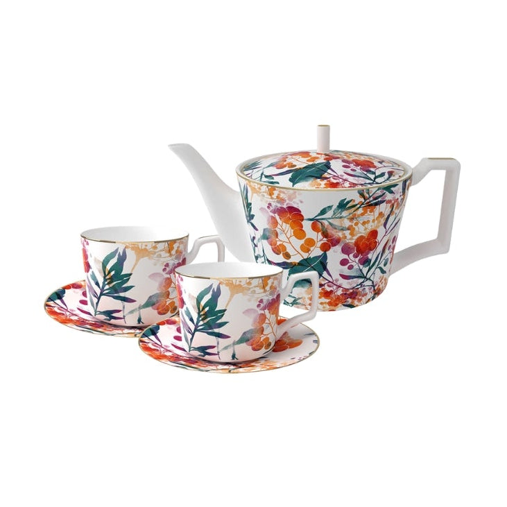 Sienna Botanicals Bone China Artistic Floral 5‑Piece Tea Set for Two – Essential Teapot & Cup Set Set (2 Cups & Saucers + 1 Teapot)