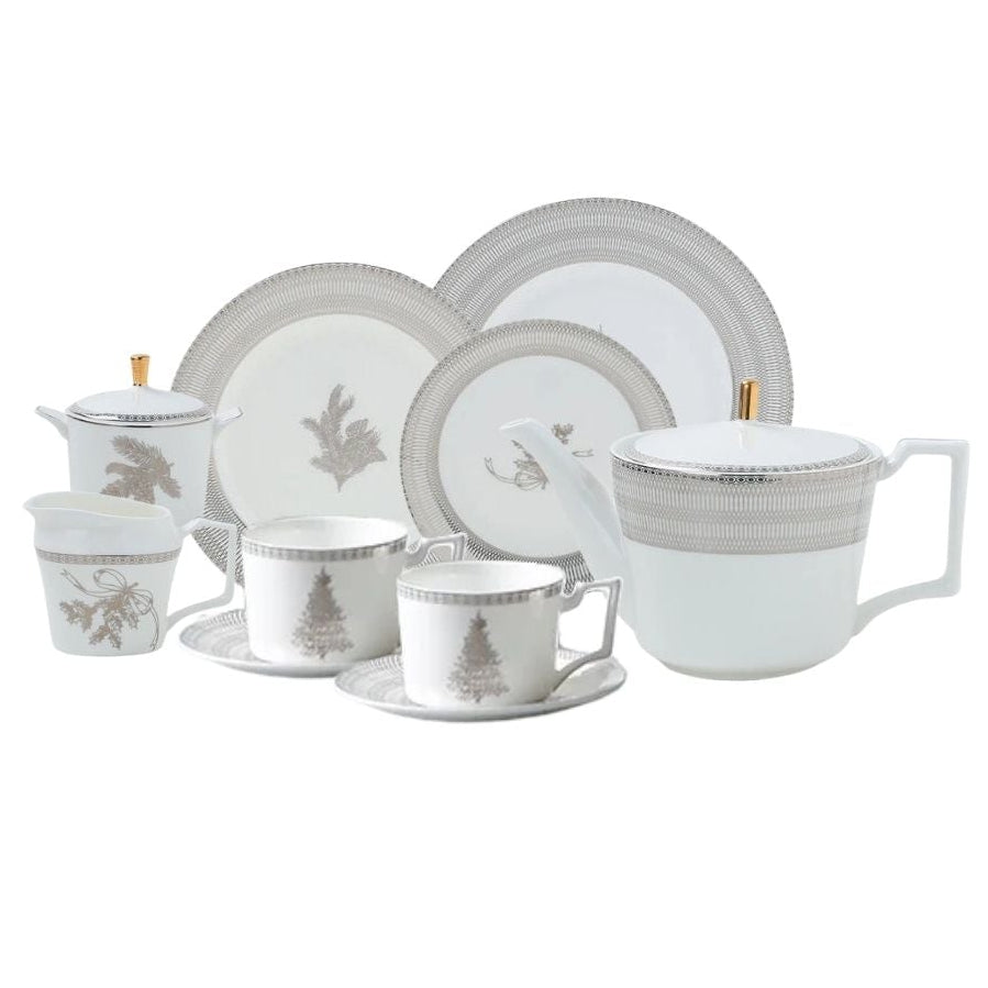 Winter Lodge Bone China 15‑Piece Tea Set for Two – Hosting Set Full Set (2 Cups & Saucers + 1 Teapot + 1 Milk Jar + 1 Sugar Bowl + 6 Plates (6 + 8 + 10.5 inch)