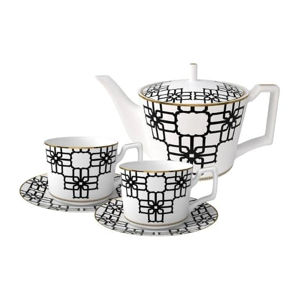Noir Lattice Bone China Geometric Black 5‑Piece Tea Set for Two – Essential Teapot & Cup Set Set (2 Cups & Saucers + 1 Teapot)