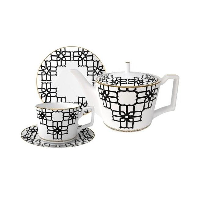 Noir Lattice Bone China Geometric Black Tea Set for One – Teapot & Cup Set Set (1 Cup & Saucer + 1 Teapot + 1 Plate (6 inch)