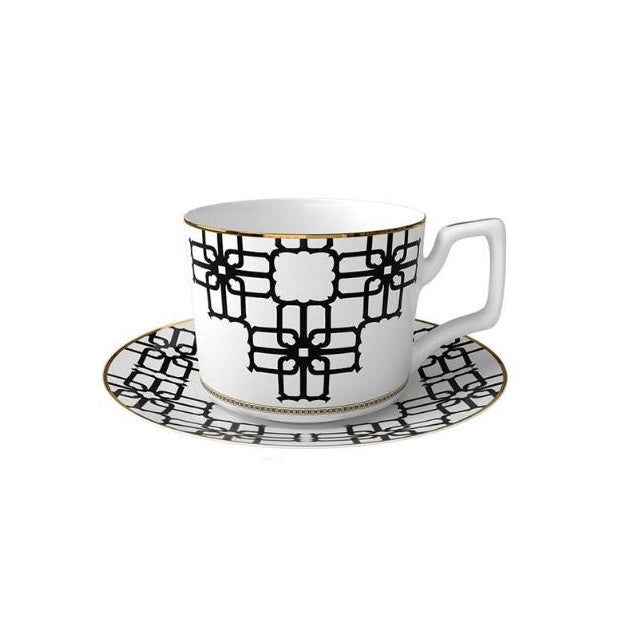 Noir Lattice Bone China Geometric Black Tea Cup & Saucer Set Cup & Saucer Set - 275ml