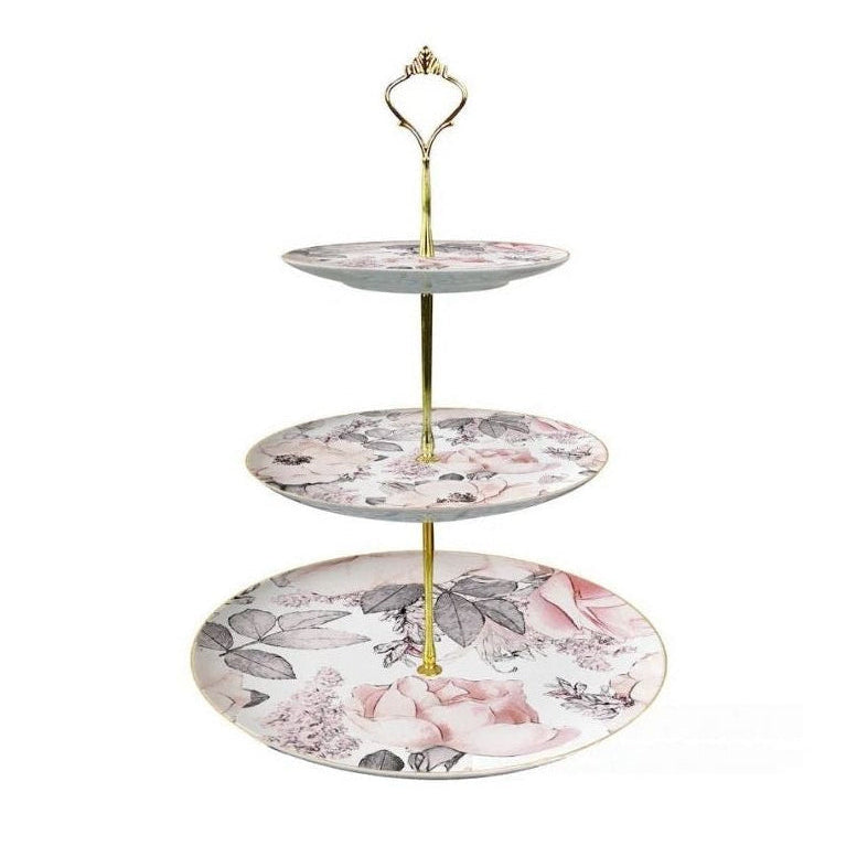 Blush Reverie Fine Bone China Floral Three‑Tier Dessert Stand Three‑Tier Dessert Stand
