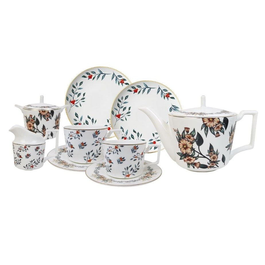 Verdant Garden Bone China 9‑Piece Tea Set for Two – Table Set | Teapot & Cup Set, Milk Jug & Sugar Bowl Set (2 Cups & Saucers + 1 Teapot + 1 Milk Jar + 1 Sugar Bowl + 2 Plates (6.5 inch))