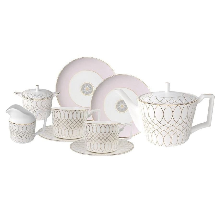 Luxe Ivory Lattice Bone China Geometric 9‑Piece Tea Set for Two – Table Set | Teapot & Cup Set, Milk Jug & Sugar Bowl Full Set (2 Cups & Saucers + 1 Teapot + 1 Milk Jar + 1 Sugar Bowl + 2 Plates (6.5 inch))
