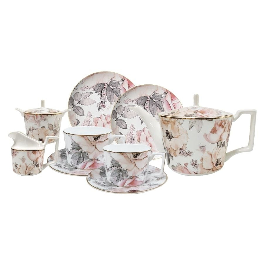 Blush Reverie Bone China Floral 9‑Piece Tea Set for Two – Table Set | Teapot & Cup Set, Milk Jug & Sugar Bowl Set (2 Cups & Saucers + 1 Teapot + 1 Milk Jar + 1 Sugar Bowl + 2 Plates (6.5 inch))
