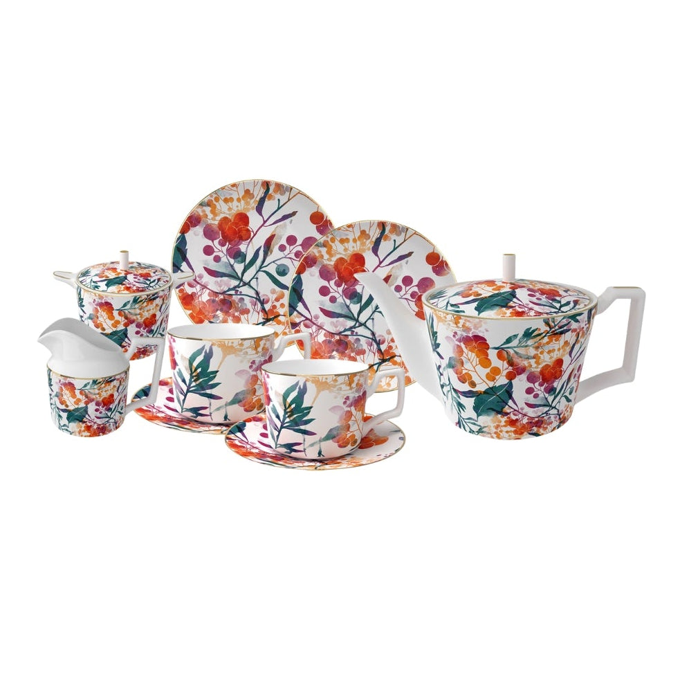 Sienna Botanicals Bone China Artistic Floral 9‑Piece Tea Set for Two – Table Set | Teapot & Cup Set, Milk Jug & Sugar Bowl Set (2 Cups & Saucers + 1 Teapot + 1 Milk Jar + 1 Sugar Bowl + 2 Plates (6.5 inch))