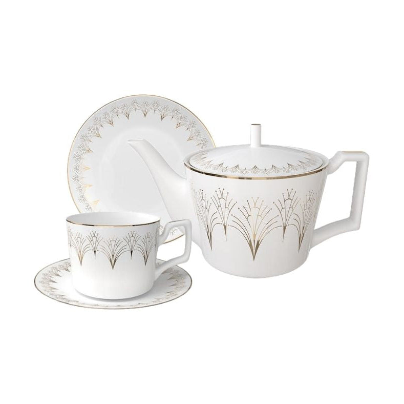 Lumière Arc Bone China Gold Art Deco Tea Set for One – Teapot & Cup Set Set (1 Cup & Saucer + 1 Teapot + 1 Plate (6 inch)