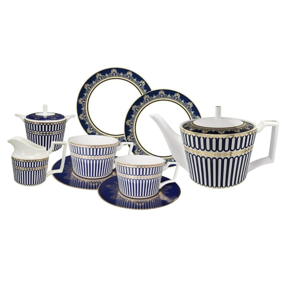 Regency Stripe Bone China 9‑Piece Tea Set for Two – Table Set | Teapot & Cup Set, Milk Jug & Sugar Bowl Set (2 Cups & Saucers + 1 Teapot + 1 Milk Jar + 1 Sugar Bowl + 2 Plates (6.5 inch))