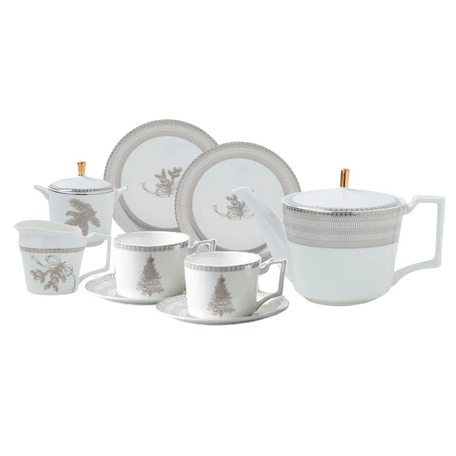 Winter Lodge Bone China 9‑Piece Tea Set for Two – Table Set | Teapot & Cup Set, Milk Jug & Sugar Bowl Full Set (2 Cups & Saucers + 1 Teapot + 1 Milk Jar + 1 Sugar Bowl + 2 Plates (6 inch))