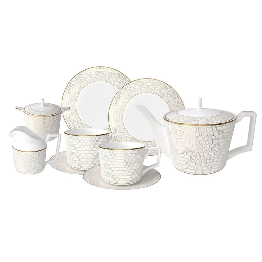 Nouvelle Or Lys Bone China 9‑Piece Tea Set for Two – Table Set | Teapot & Cup Set, Milk Jug & Sugar Bowl Set (2 Cups & Saucers + 1 Teapot + 1 Milk Jar + 1 Sugar Bowl + 2 Plates (6 inch))