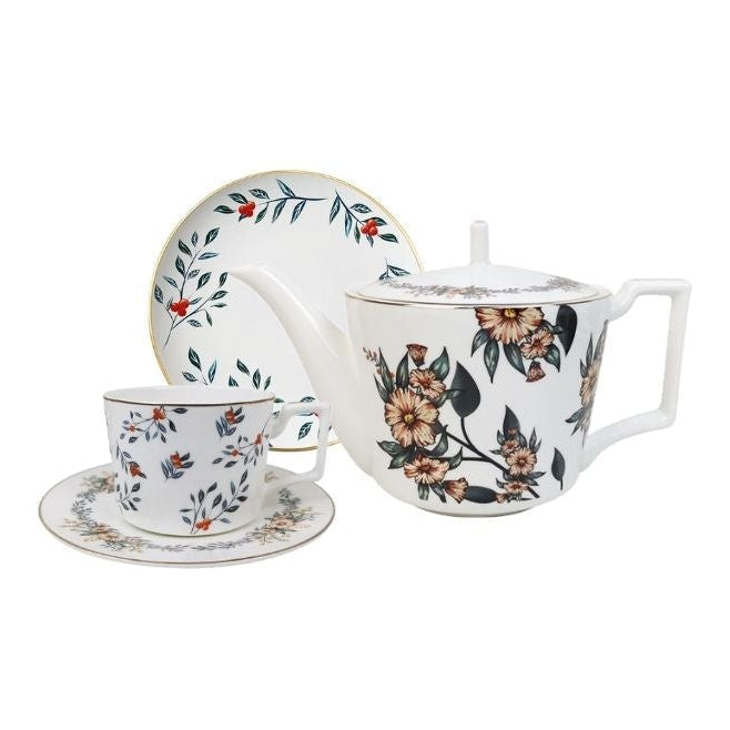 Verdant Garden Bone China Tea Set for One – Teapot & Cup Set Set (1 Cup & Saucer + 1 Teapot + 1 Plate (6 inch)